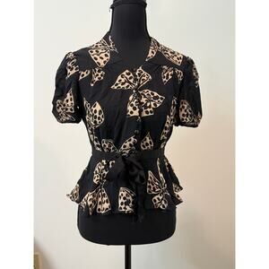Milly Black Bow Print Peplum Blouse